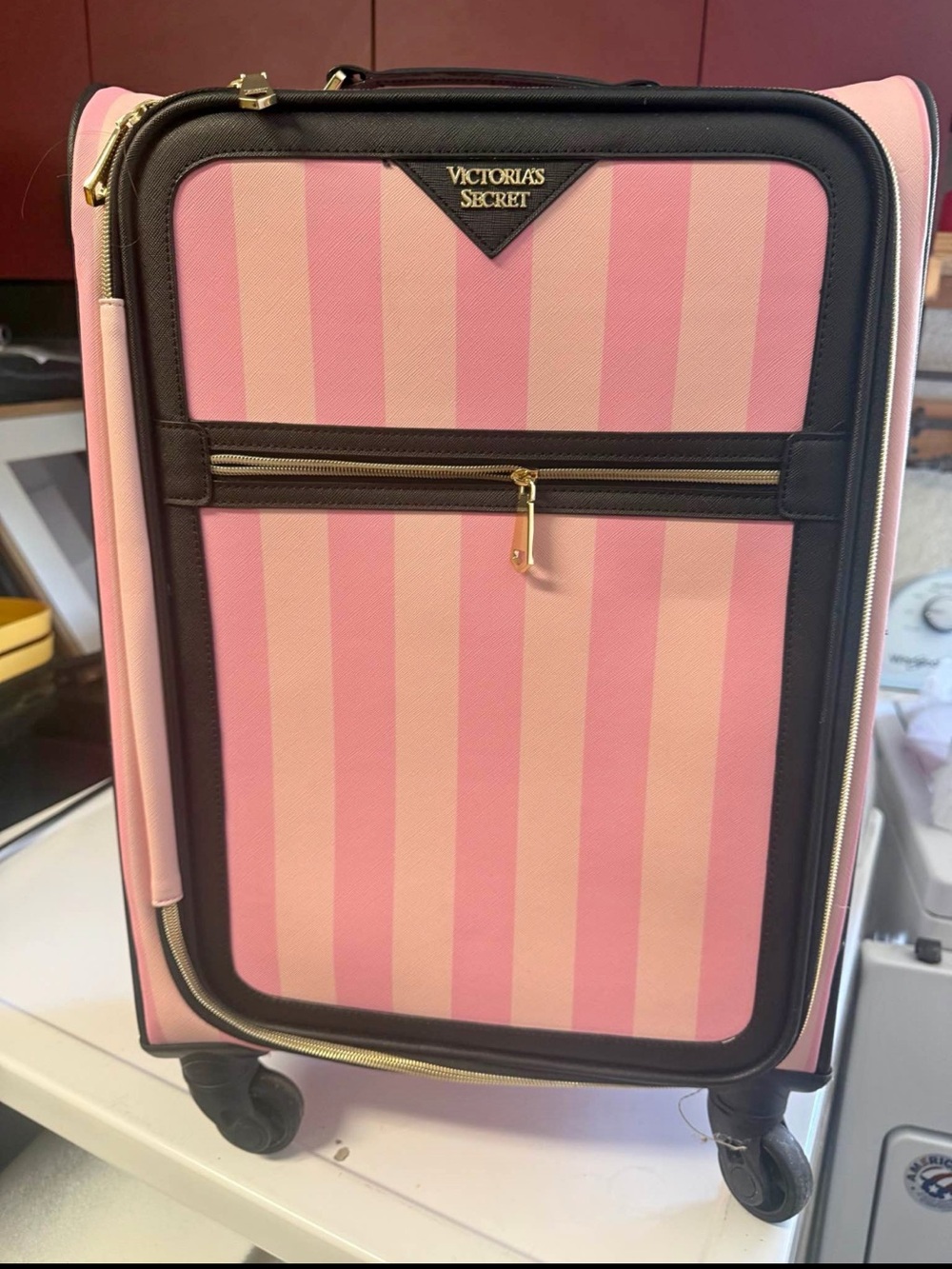 Victoria's Secret Pink Striped Spinner Carry-On with Black Trim